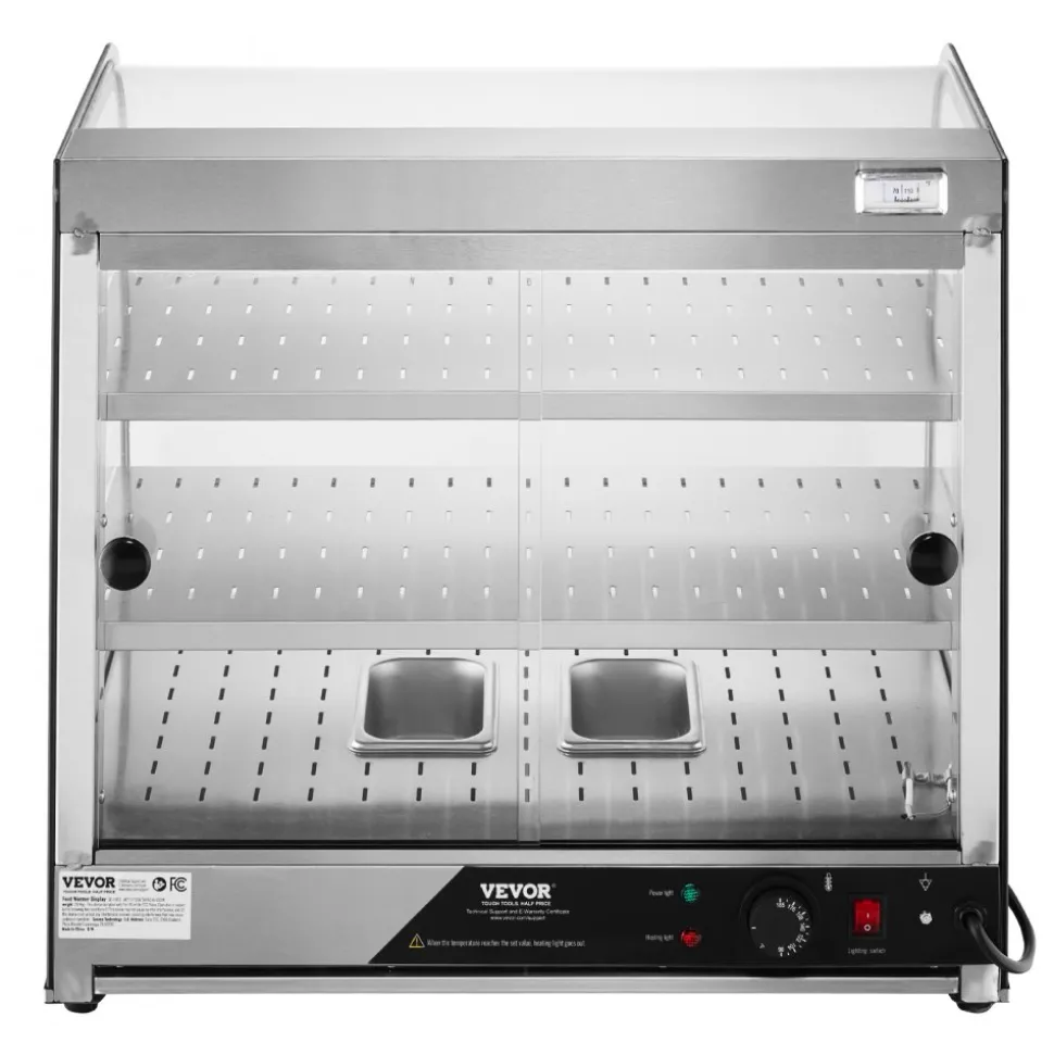 VEVOR 2-Tier Commercial Food Warmer Display, 850W Food Display Warmer w/ Tempered Glass and Steam Heating, 86℉~185℉ Temperature Control, 111L Large Capacity for Hamburger, Pizza, Bread, Fried Chicken