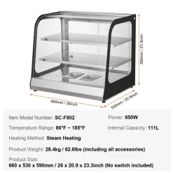 VEVOR 2-Tier Commercial Food Warmer Display, 850W Food Display Warmer w/ Tempered Glass and Steam Heating, 86℉~185℉ Temperature Control, 111L Large Capacity for Hamburger, Pizza, Bread, Fried Chicken