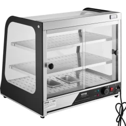 VEVOR 2-Tier Commercial Food Warmer Display, 850W Food Display Warmer w/ Tempered Glass and Steam Heating, 86℉~185℉ Temperature Control, 111L Large Capacity for Hamburger, Pizza, Bread, Fried Chicken