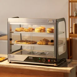 VEVOR 2-Tier Commercial Food Warmer Display, 850W Food Display Warmer w/ Tempered Glass and Steam Heating, 86℉~185℉ Temperature Control, 111L Large Capacity for Hamburger, Pizza, Bread, Fried Chicken