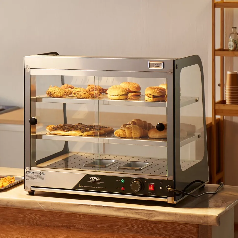 VEVOR 2-Tier Commercial Food Warmer Display, 850W Food Display Warmer w/ Tempered Glass and Steam Heating, 86℉~185℉ Temperature Control, 111L Large Capacity for Hamburger, Pizza, Bread, Fried Chicken