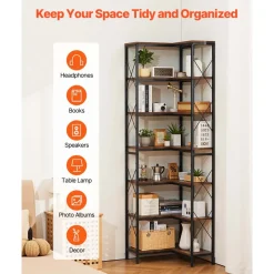 VEVOR 7 Tier Corner Bookshelf, 79" Tall Corner Bookcase with Heavy Duty Metal Frame & Wooden Shelves, Industrial Reversible L Shaped Corner Display Shelf for Bedroom, Living Room, Office