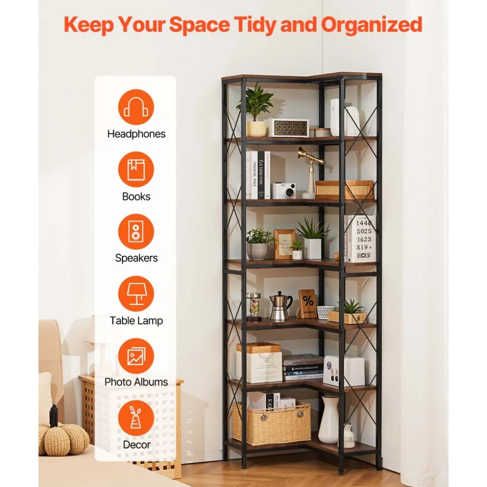 VEVOR 7 Tier Corner Bookshelf, 79" Tall Corner Bookcase with Heavy Duty Metal Frame & Wooden Shelves, Industrial Reversible L Shaped Corner Display Shelf for Bedroom, Living Room, Office