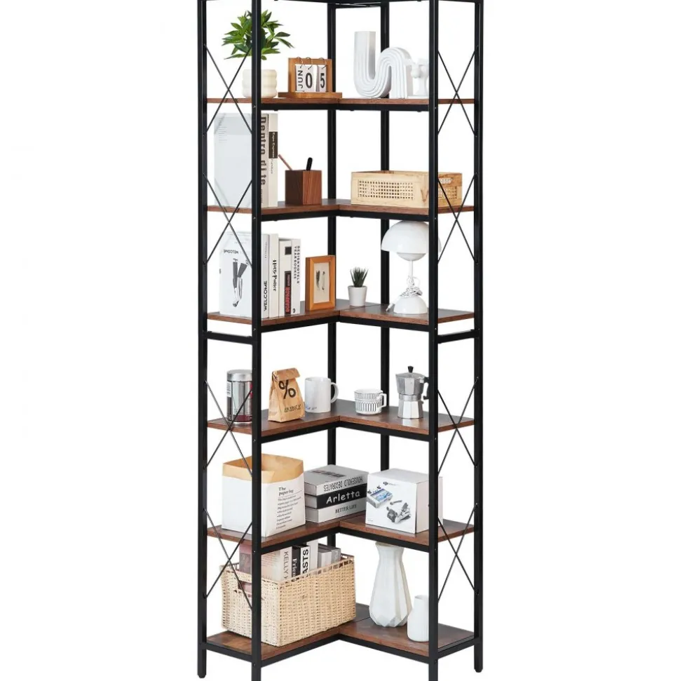 VEVOR 7 Tier Corner Bookshelf, 79" Tall Corner Bookcase with Heavy Duty Metal Frame & Wooden Shelves, Industrial Reversible L Shaped Corner Display Shelf for Bedroom, Living Room, Office