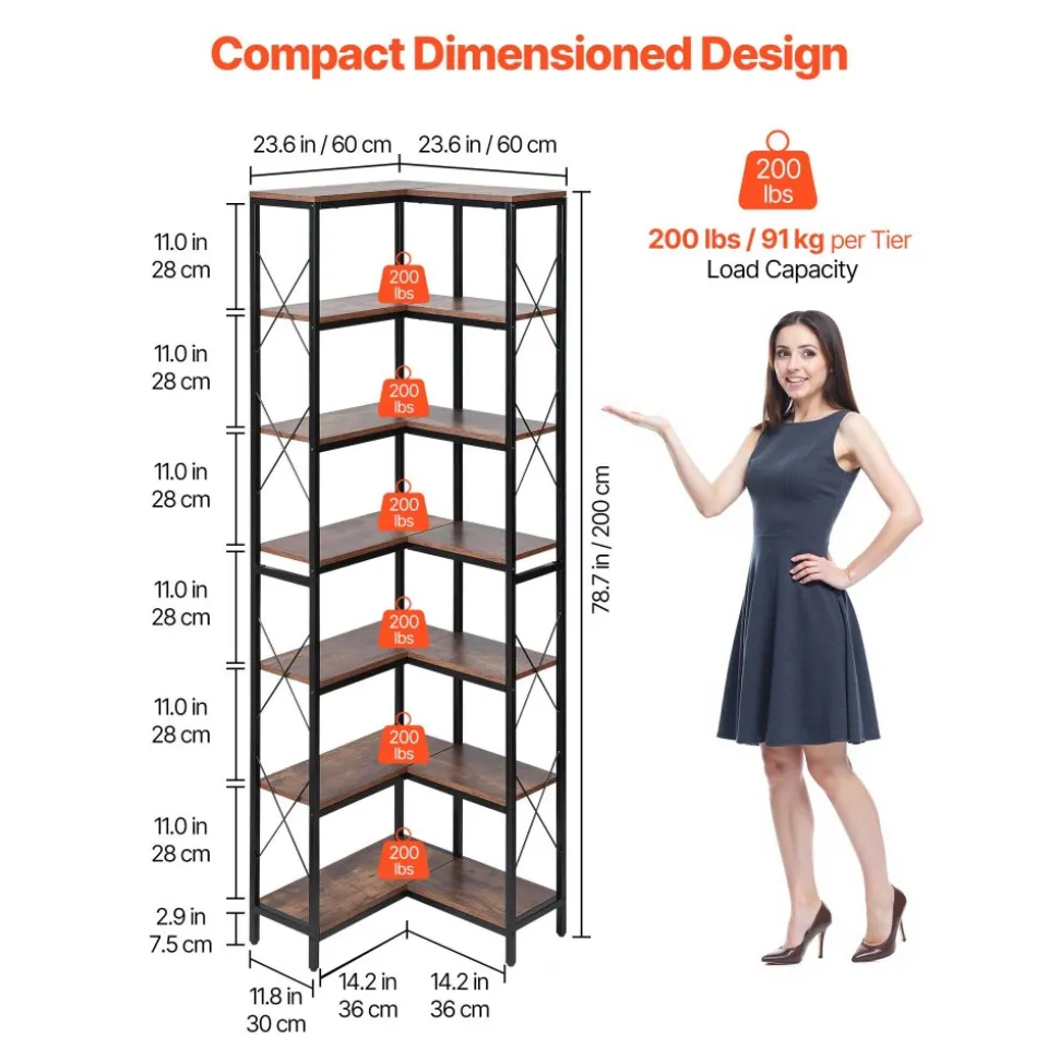 VEVOR 7 Tier Corner Bookshelf, 79" Tall Corner Bookcase with Heavy Duty Metal Frame & Wooden Shelves, Industrial Reversible L Shaped Corner Display Shelf for Bedroom, Living Room, Office