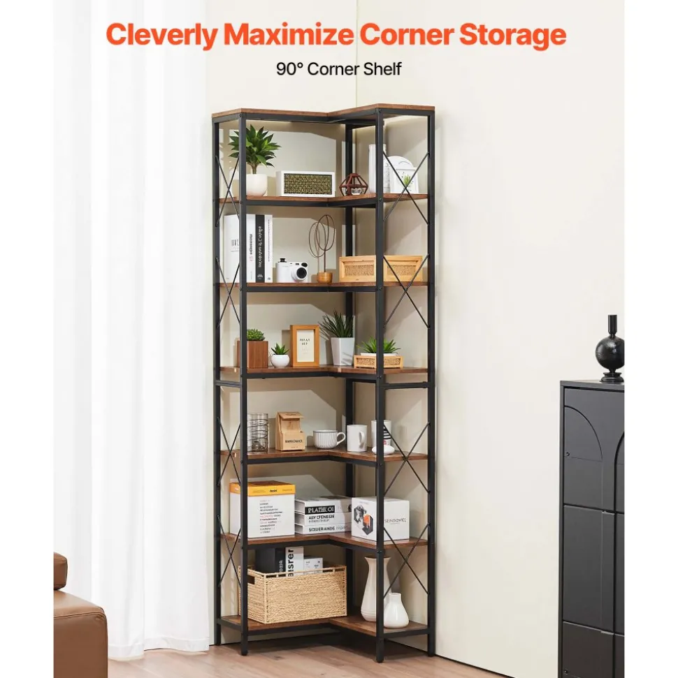 VEVOR 7 Tier Corner Bookshelf, 79" Tall Corner Bookcase with Heavy Duty Metal Frame & Wooden Shelves, Industrial Reversible L Shaped Corner Display Shelf for Bedroom, Living Room, Office