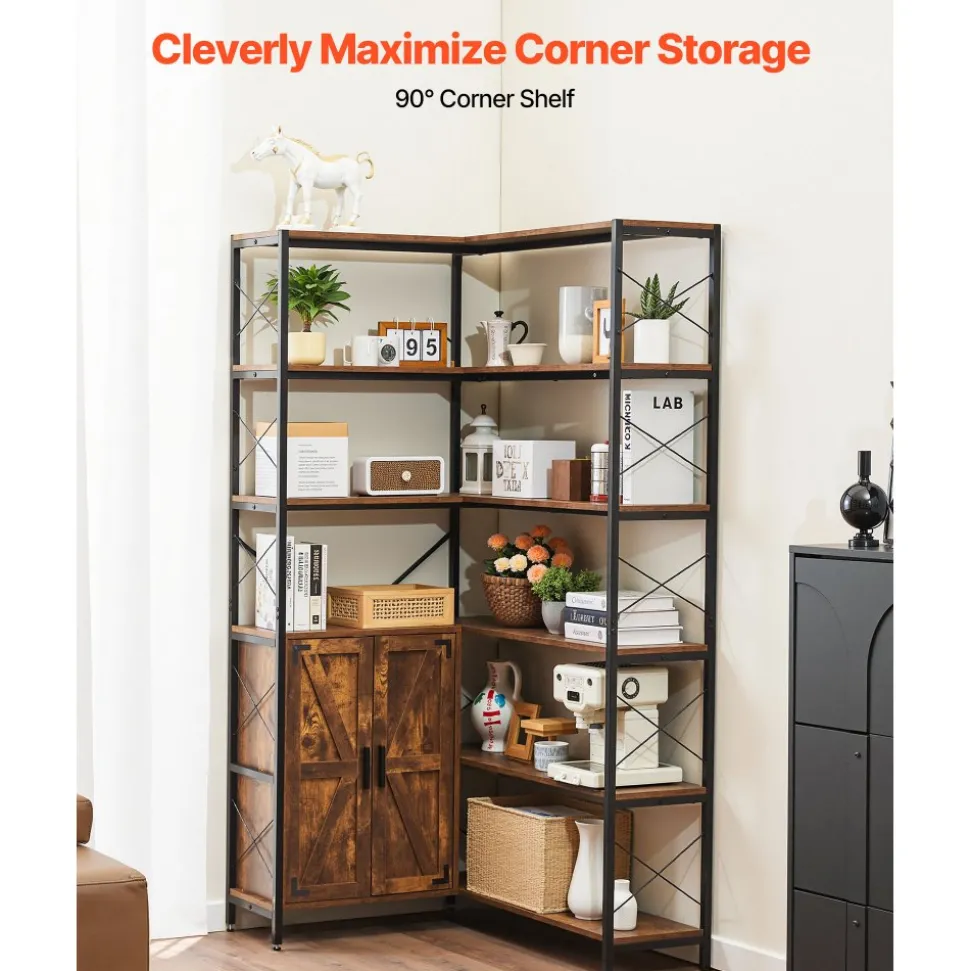 VEVOR 6 Tier Corner Bookshelf, 70" Tall Corner Bookcase with Storage Cabinet, 2 Barn Doors & 10 Storage Shelves, Farmhouse L Shaped Corner Display Shelf for Bedroom, Living Room, Office