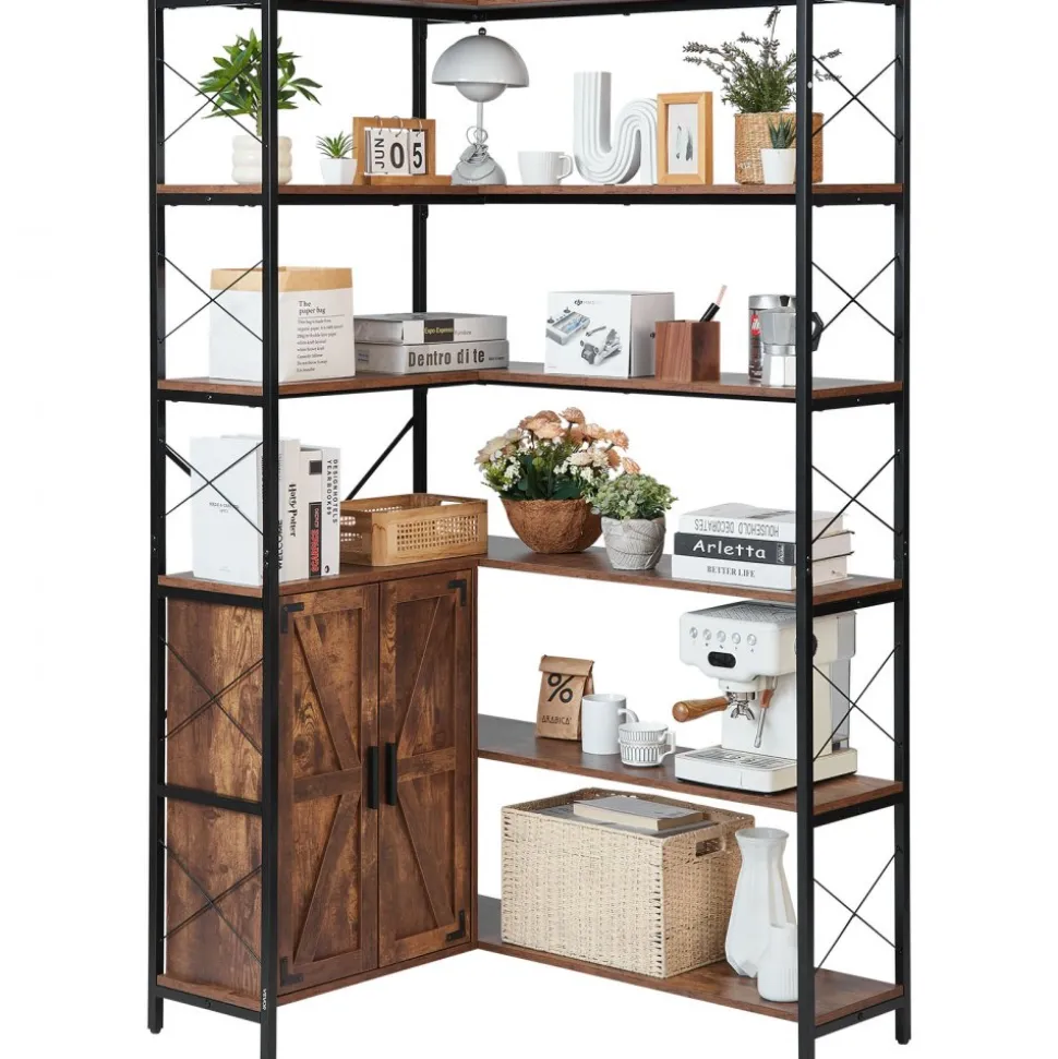 VEVOR 6 Tier Corner Bookshelf, 70" Tall Corner Bookcase with Storage Cabinet, 2 Barn Doors & 10 Storage Shelves, Farmhouse L Shaped Corner Display Shelf for Bedroom, Living Room, Office