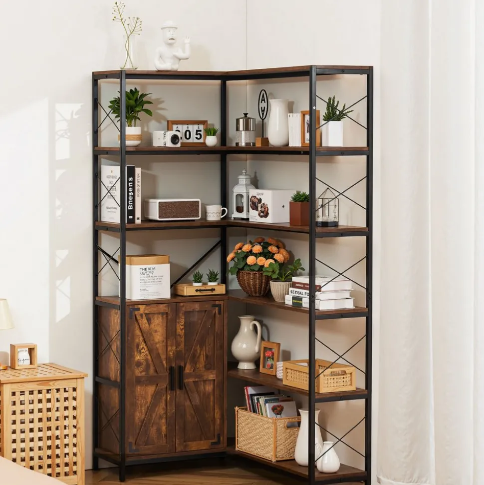 VEVOR 6 Tier Corner Bookshelf, 70" Tall Corner Bookcase with Storage Cabinet, 2 Barn Doors & 10 Storage Shelves, Farmhouse L Shaped Corner Display Shelf for Bedroom, Living Room, Office
