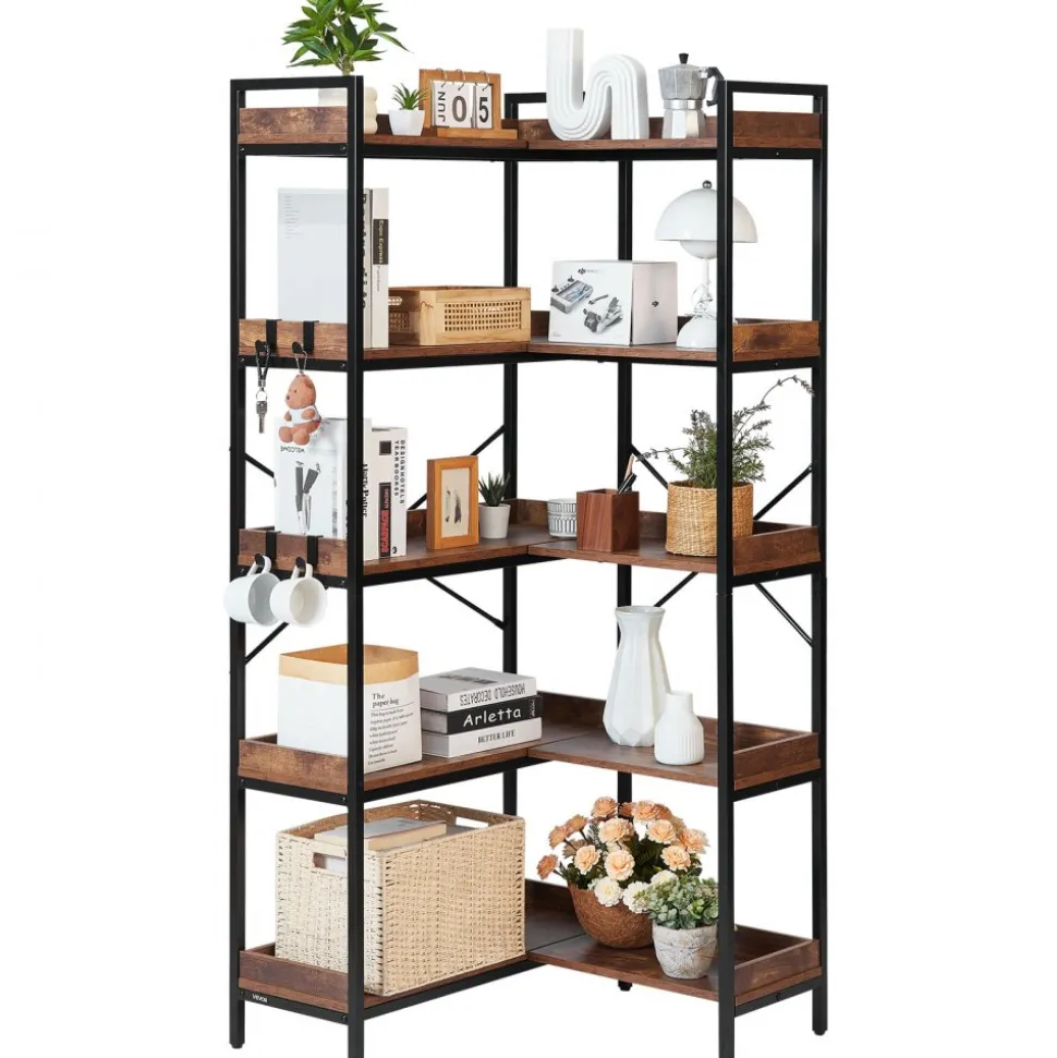 VEVOR 5 Tier Corner Bookshelf with 4 Hooks, 65.4" Tall Corner Bookcase with Heavy Duty Metal Frame & Wooden Shelves, Industrial L Shaped Corner Display Shelf for Bedroom, Living Room, Office