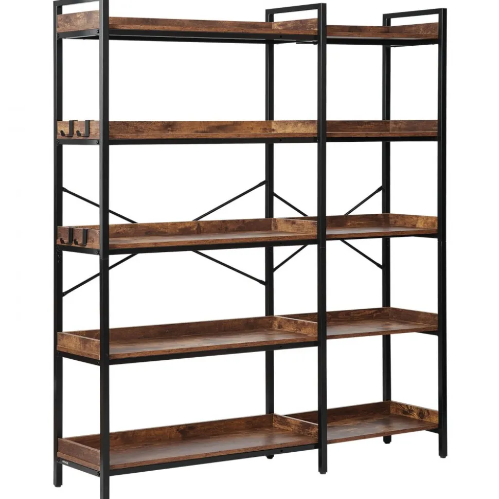 VEVOR 5 Tier Corner Bookshelf with 4 Hooks, 65.4" Tall Corner Bookcase with Heavy Duty Metal Frame & Wooden Shelves, Industrial L Shaped Corner Display Shelf for Bedroom, Living Room, Office