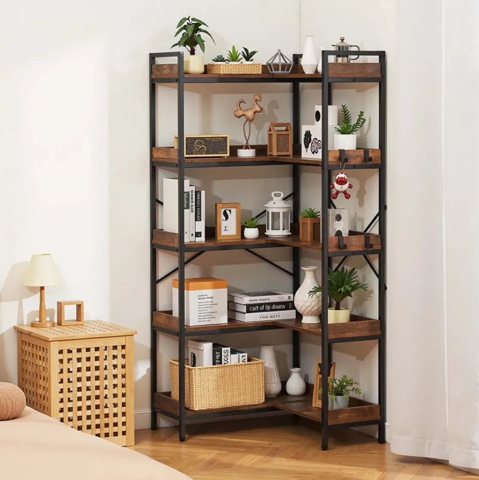 VEVOR 5 Tier Corner Bookshelf with 4 Hooks, 65.4" Tall Corner Bookcase with Heavy Duty Metal Frame & Wooden Shelves, Industrial L Shaped Corner Display Shelf for Bedroom, Living Room, Office