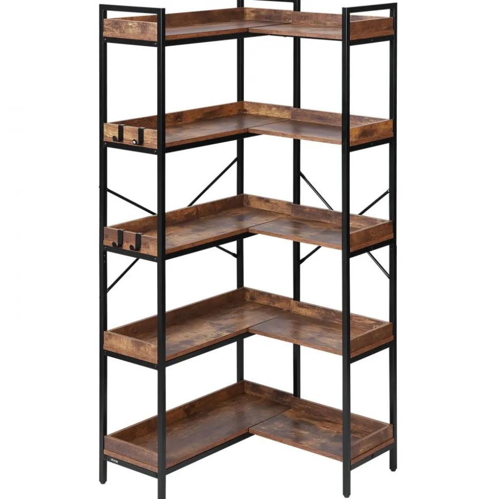 VEVOR 5 Tier Corner Bookshelf with 4 Hooks, 65.4" Tall Corner Bookcase with Heavy Duty Metal Frame & Wooden Shelves, Industrial L Shaped Corner Display Shelf for Bedroom, Living Room, Office