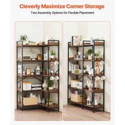 VEVOR 5 Tier Corner Bookshelf with 4 Hooks, 65.4