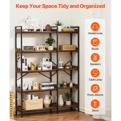VEVOR 5 Tier Corner Bookshelf with 4 Hooks, 65.4