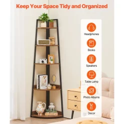 VEVOR 5 Tier Corner Shelf, 70" Tall Corner Bookshelf with Metal Frame & Wooden Shelves, Industrial Corner Ladder Shelf for Living Room, Bedroom, Office, Rustic Brown