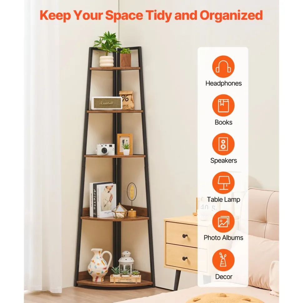 VEVOR 5 Tier Corner Shelf, 70" Tall Corner Bookshelf with Metal Frame & Wooden Shelves, Industrial Corner Ladder Shelf for Living Room, Bedroom, Office, Rustic Brown