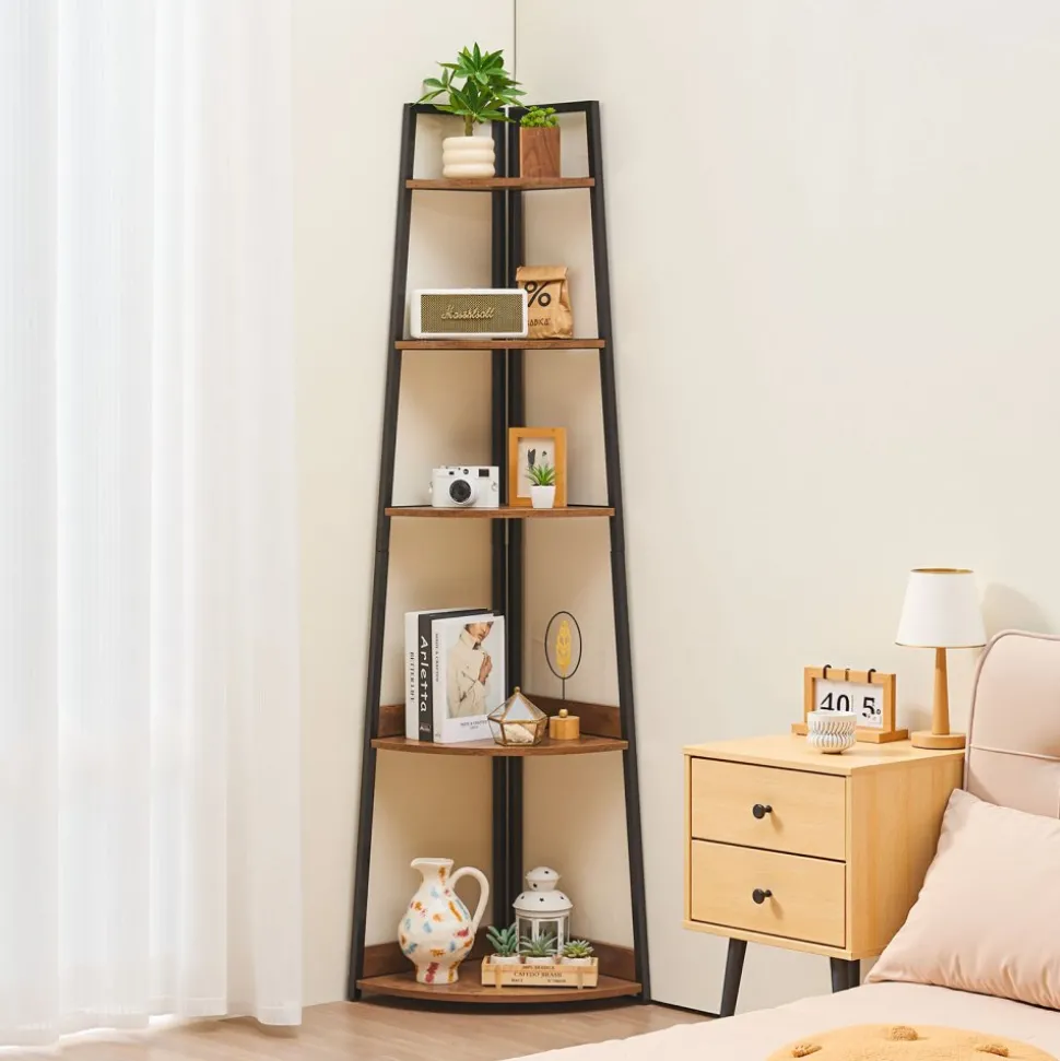 VEVOR 5 Tier Corner Shelf, 70" Tall Corner Bookshelf with Metal Frame & Wooden Shelves, Industrial Corner Ladder Shelf for Living Room, Bedroom, Office, Rustic Brown