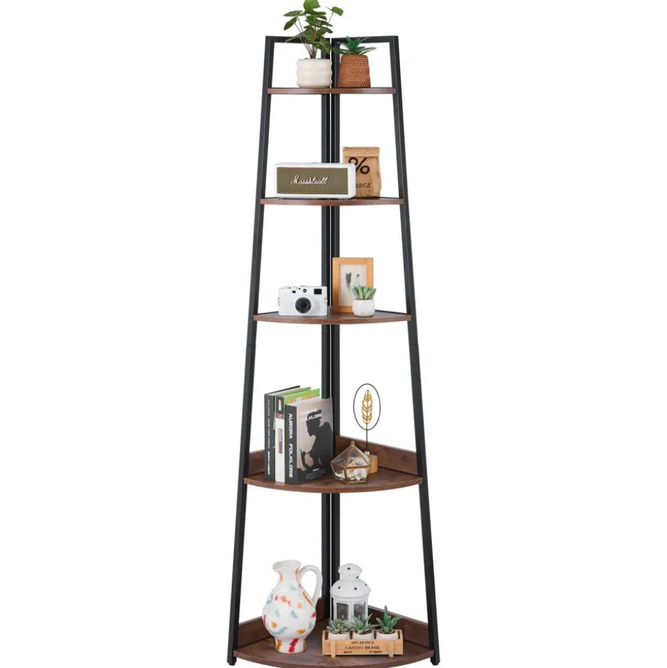 VEVOR 5 Tier Corner Shelf, 70" Tall Corner Bookshelf with Metal Frame & Wooden Shelves, Industrial Corner Ladder Shelf for Living Room, Bedroom, Office, Rustic Brown