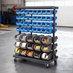 VEVOR 7-Tier Double-Sided Rolling Bin Storage Rack, 94 Plastic Bins, Dual-Sided Parts Organizer with Wheels, Mobile Tool Organizer for Garage, Warehouse, Office, Restaurant, Classroom, Kitchen