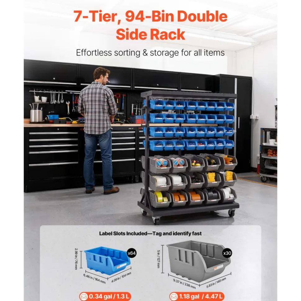 VEVOR 7-Tier Double-Sided Rolling Bin Storage Rack, 94 Plastic Bins, Dual-Sided Parts Organizer with Wheels, Mobile Tool Organizer for Garage, Warehouse, Office, Restaurant, Classroom, Kitchen