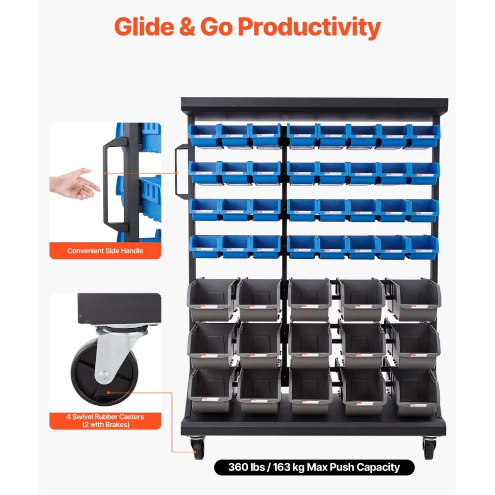 VEVOR 7-Tier Double-Sided Rolling Bin Storage Rack, 94 Plastic Bins, Dual-Sided Parts Organizer with Wheels, Mobile Tool Organizer for Garage, Warehouse, Office, Restaurant, Classroom, Kitchen