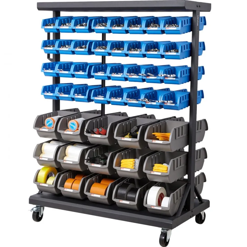 VEVOR 7-Tier Double-Sided Rolling Bin Storage Rack, 94 Plastic Bins, Dual-Sided Parts Organizer with Wheels, Mobile Tool Organizer for Garage, Warehouse, Office, Restaurant, Classroom, Kitchen