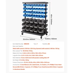 VEVOR 7-Tier Double-Sided Rolling Bin Storage Rack, 94 Plastic Bins, Dual-Sided Parts Organizer with Wheels, Mobile Tool Organizer for Garage, Warehouse, Office, Restaurant, Classroom, Kitchen