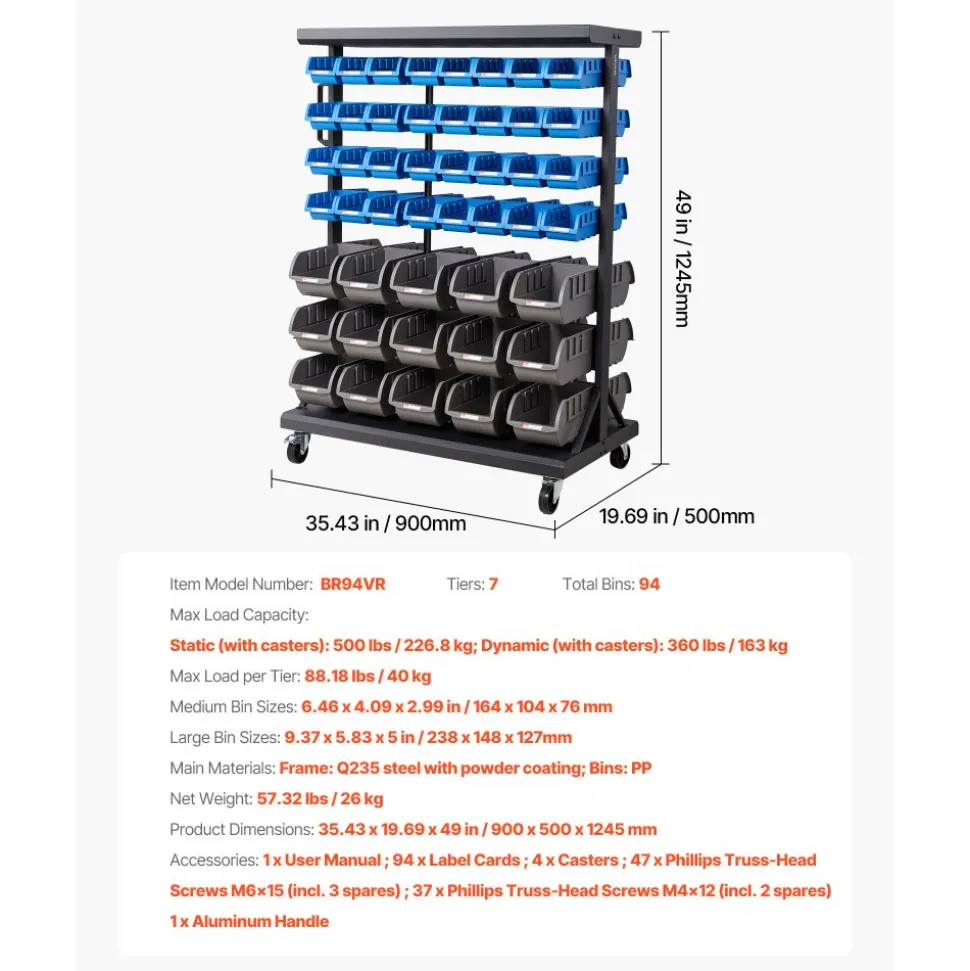 VEVOR 7-Tier Double-Sided Rolling Bin Storage Rack, 94 Plastic Bins, Dual-Sided Parts Organizer with Wheels, Mobile Tool Organizer for Garage, Warehouse, Office, Restaurant, Classroom, Kitchen