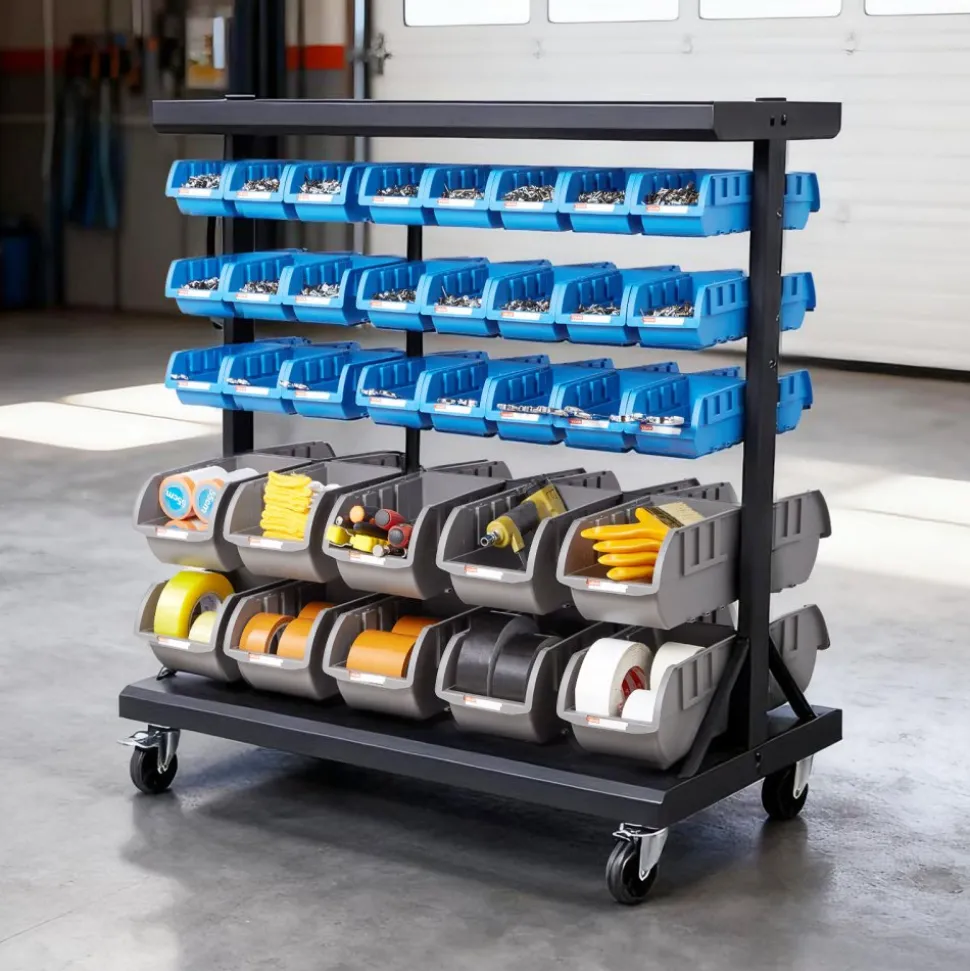 VEVOR 5-Tier Double-Sided Rolling Bin Storage Rack, 68 Plastic Bins, Dual-Sided Parts Organizer with Wheels, Mobile Tool Organizer for Garage, Warehouse, Office, Restaurant, Classroom, Kitchen