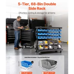 VEVOR 5-Tier Double-Sided Rolling Bin Storage Rack, 68 Plastic Bins, Dual-Sided Parts Organizer with Wheels, Mobile Tool Organizer for Garage, Warehouse, Office, Restaurant, Classroom, Kitchen