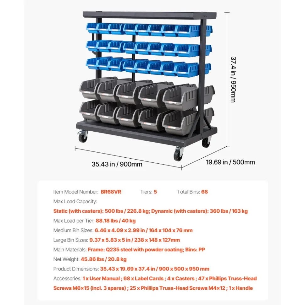 VEVOR 5-Tier Double-Sided Rolling Bin Storage Rack, 68 Plastic Bins, Dual-Sided Parts Organizer with Wheels, Mobile Tool Organizer for Garage, Warehouse, Office, Restaurant, Classroom, Kitchen