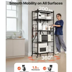 VEVOR 5-Tier Foldable Storage Shelf, 32W x 14D x 72H Inch Folding Metal Rack Shelving Unit, No Assembly Organizer Shelf with 5 Wheels & 4 Hooks for Pantry, Kitchen, Garage, Basement, White