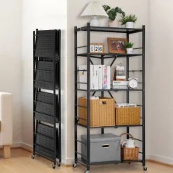 VEVOR 5-Tier Foldable Storage Shelf, 32W x 14D x 72H Inch Folding Metal Rack Shelving Unit, No Assembly Organizer Shelf with 5 Wheels & 4 Hooks for Pantry, Kitchen, Garage, Basement, White