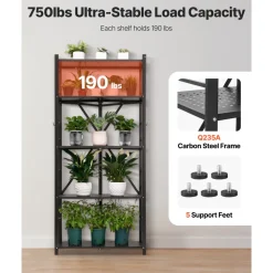 VEVOR 5-Tier Foldable Storage Shelf, 28W x 15D x 64H Inch Folding Metal Rack Shelving Unit, No Assembly Organizer Shelf with 5 Wheels & 4 Hooks for Pantry, Kitchen, Garage, Basement, Black