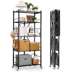 VEVOR 5-Tier Foldable Storage Shelf, 28W x 15D x 64H Inch Folding Metal Rack Shelving Unit, No Assembly Organizer Shelf with 5 Wheels & 4 Hooks for Pantry, Kitchen, Garage, Basement, Black
