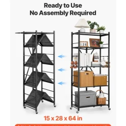VEVOR 5-Tier Foldable Storage Shelf, 28W x 15D x 64H Inch Folding Metal Rack Shelving Unit, No Assembly Organizer Shelf with 5 Wheels & 4 Hooks for Pantry, Kitchen, Garage, Basement, Black