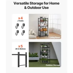 VEVOR 5-Tier Foldable Storage Shelf, 28W x 15D x 64H Inch Folding Metal Rack Shelving Unit, No Assembly Organizer Shelf with 5 Wheels & 4 Hooks for Pantry, Kitchen, Garage, Basement, Black