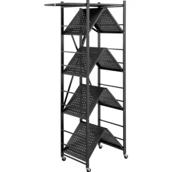 VEVOR 5-Tier Foldable Storage Shelf, 28W x 15D x 64H Inch Folding Metal Rack Shelving Unit, No Assembly Organizer Shelf with 5 Wheels & 4 Hooks for Pantry, Kitchen, Garage, Basement, Black