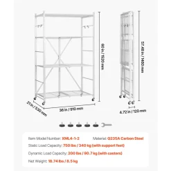 VEVOR 3-Tier Foldable Storage Shelf, 28W x 13D x 36H Inch Folding Metal Rack Shelving Unit, No Assembly Organizer Shelf with 5 Wheels & 4 Hooks for Pantry, Kitchen, Garage, Basement, Black