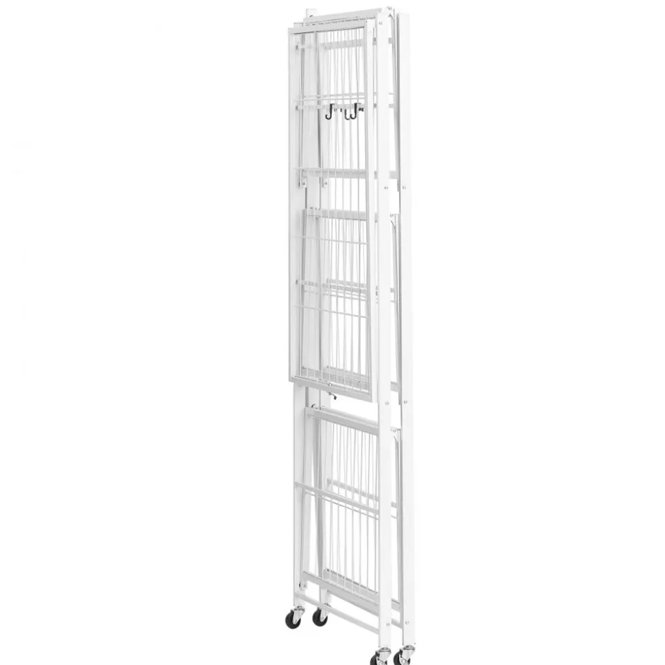 VEVOR 3-Tier Foldable Storage Shelf, 28W x 13D x 36H Inch Folding Metal Rack Shelving Unit, No Assembly Organizer Shelf with 5 Wheels & 4 Hooks for Pantry, Kitchen, Garage, Basement, Black