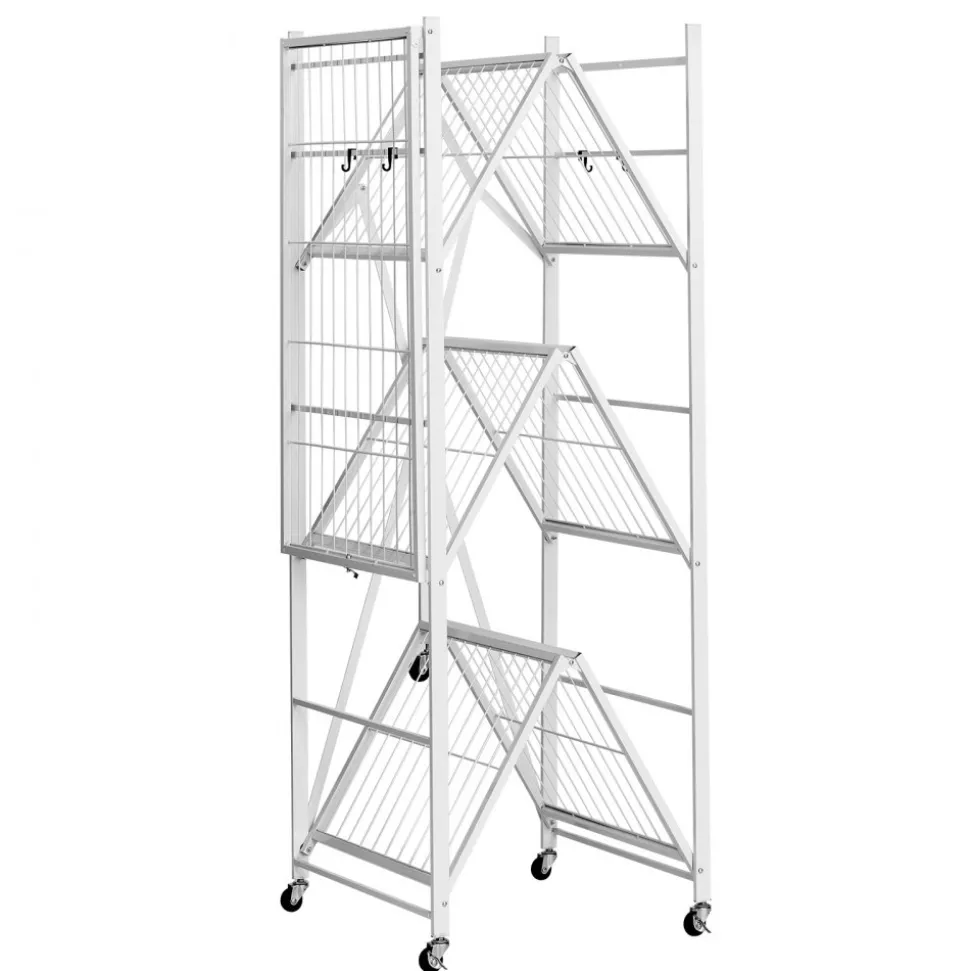 VEVOR 3-Tier Foldable Storage Shelf, 28W x 13D x 36H Inch Folding Metal Rack Shelving Unit, No Assembly Organizer Shelf with 5 Wheels & 4 Hooks for Pantry, Kitchen, Garage, Basement, Black