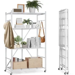 VEVOR 3-Tier Foldable Storage Shelf, 28W x 13D x 36H Inch Folding Metal Rack Shelving Unit, No Assembly Organizer Shelf with 5 Wheels & 4 Hooks for Pantry, Kitchen, Garage, Basement, Black