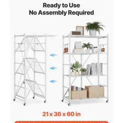 VEVOR 3-Tier Foldable Storage Shelf, 28W x 13D x 36H Inch Folding Metal Rack Shelving Unit, No Assembly Organizer Shelf with 5 Wheels & 4 Hooks for Pantry, Kitchen, Garage, Basement, Black