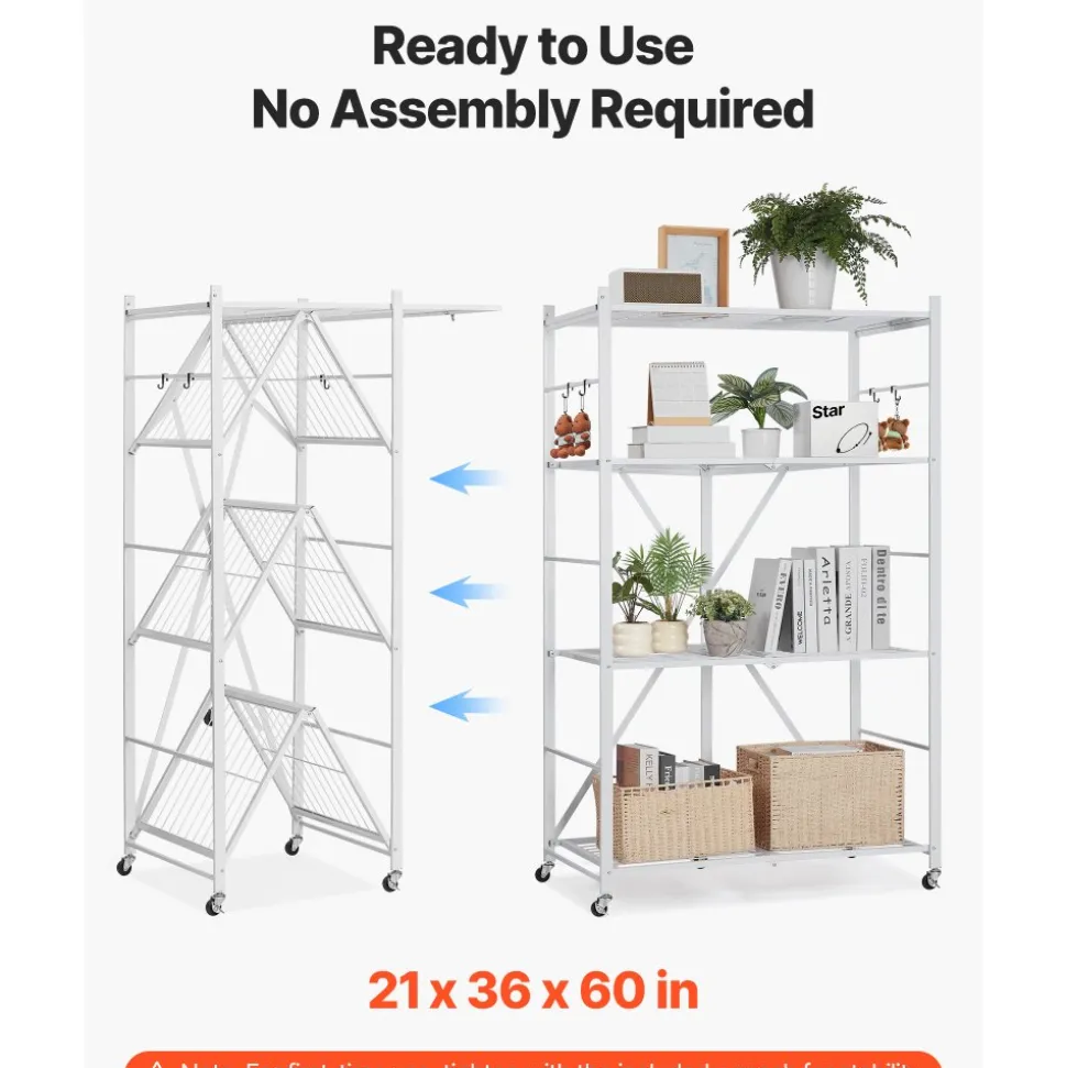 VEVOR 3-Tier Foldable Storage Shelf, 28W x 13D x 36H Inch Folding Metal Rack Shelving Unit, No Assembly Organizer Shelf with 5 Wheels & 4 Hooks for Pantry, Kitchen, Garage, Basement, Black