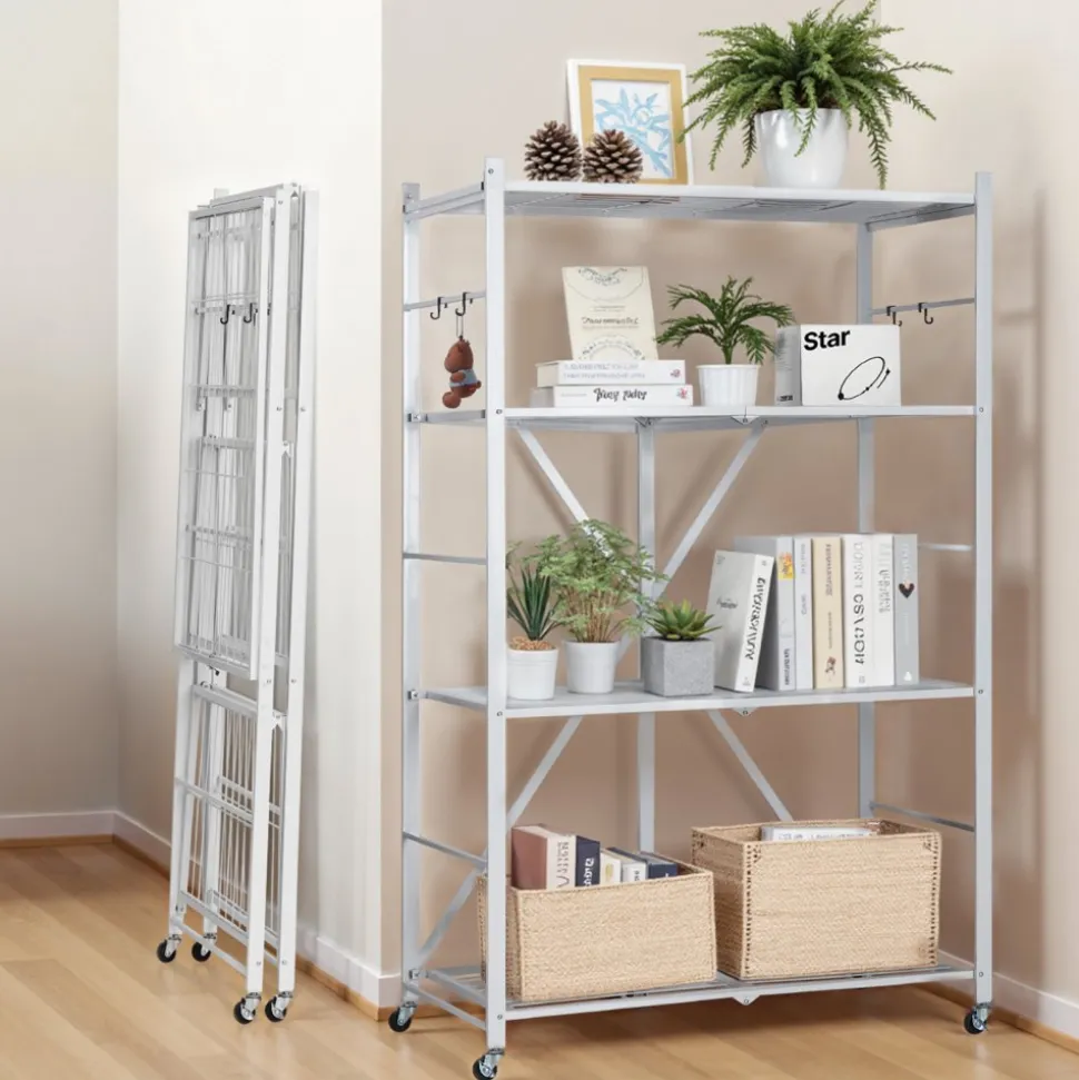 VEVOR 3-Tier Foldable Storage Shelf, 28W x 13D x 36H Inch Folding Metal Rack Shelving Unit, No Assembly Organizer Shelf with 5 Wheels & 4 Hooks for Pantry, Kitchen, Garage, Basement, Black