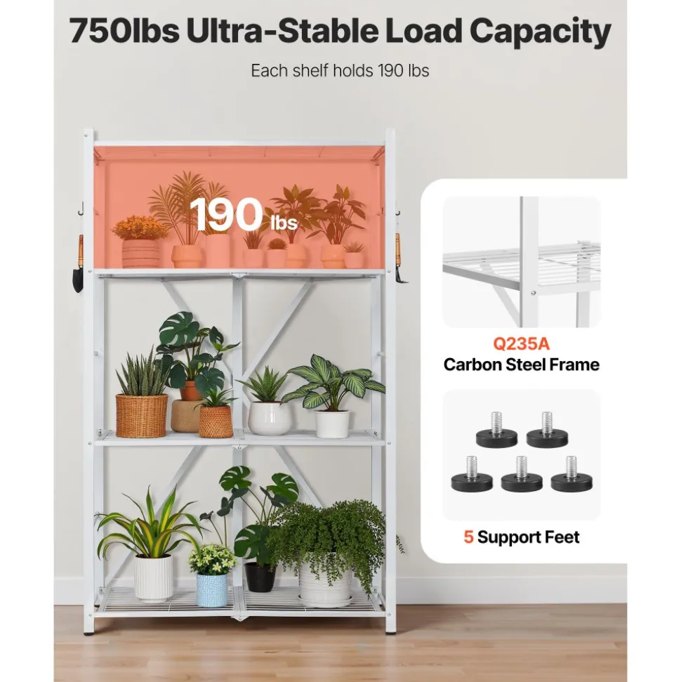 VEVOR 3-Tier Foldable Storage Shelf, 28W x 13D x 36H Inch Folding Metal Rack Shelving Unit, No Assembly Organizer Shelf with 5 Wheels & 4 Hooks for Pantry, Kitchen, Garage, Basement, Black