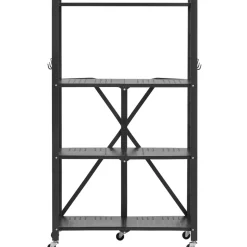 VEVOR 4-Tier Foldable Storage Shelf, 26W x 13D x 46H Inch Folding Metal Rack Shelving Unit, No Assembly Organizer Shelf with 5 Wheels & 4 Hooks for Pantry, Kitchen, Garage, Basement, Black