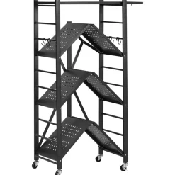 VEVOR 4-Tier Foldable Storage Shelf, 26W x 13D x 46H Inch Folding Metal Rack Shelving Unit, No Assembly Organizer Shelf with 5 Wheels & 4 Hooks for Pantry, Kitchen, Garage, Basement, Black