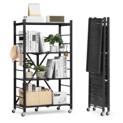 VEVOR 4-Tier Foldable Storage Shelf, 26W x 13D x 46H Inch Folding Metal Rack Shelving Unit, No Assembly Organizer Shelf with 5 Wheels & 4 Hooks for Pantry, Kitchen, Garage, Basement, Black